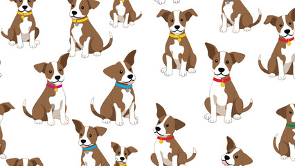 Fototapeta premium Seamless pattern featuring adorable brown and white puppies wearing various colorful collars against a clean white background.