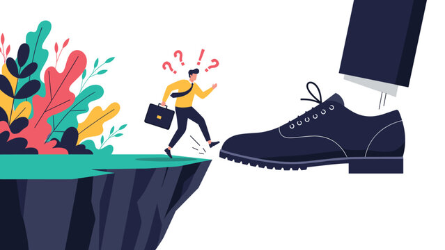 Small businessman runs desperately away from a giant foot about to crush him at the edge of a cliff symbolizing corporate pressure.