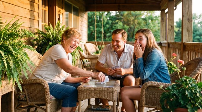 Joyful family gathering on a porch enjoying a card game with laughter and surprise