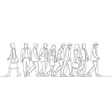 Diverse group of people walking in a line, one person walking in opposite direction