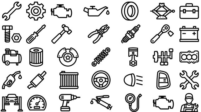Automotive Repair & Car Parts Line Icons Set. Mechanic Tools, Auto Service, Maintenance, Engine Components Outline Vector.