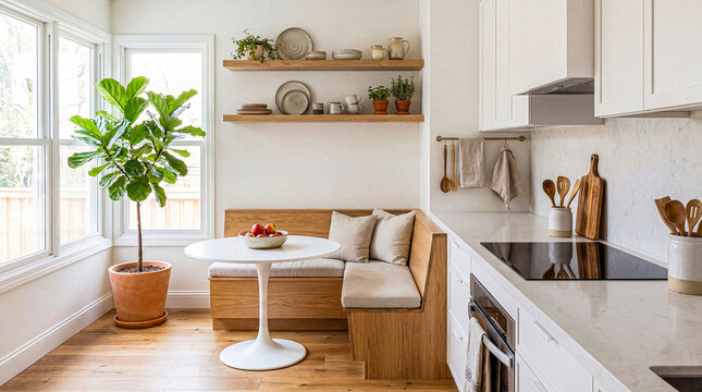 Modern and bright kitchen and dining area with light wood accents, built-in banquette seating.