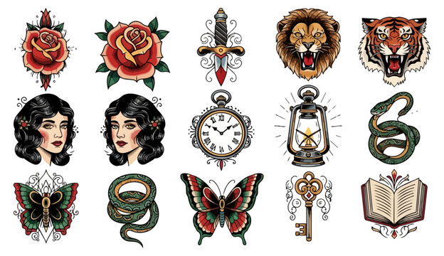 Vintage tattoo illustrations collection isolated on black background
