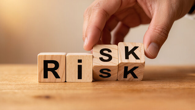 Hand Arranging Wooden Blocks to Spell 'RISK' on a Conceptual Table