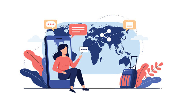 Traveler woman sitting on a giant smartphone screen with a world map and luggage behind her representing global communication.