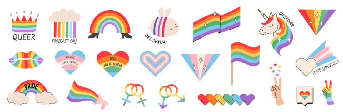 Colorful pride clipart set with hand drawn rainbow icons and playful typography phrases. Cute LGBTQ elements including hearts, flags, symbols, characters. Trendy retro illustrations. Vector collection