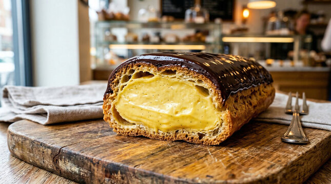 Delicious chocolate eclair cream puff pastry roll on wooden cutting