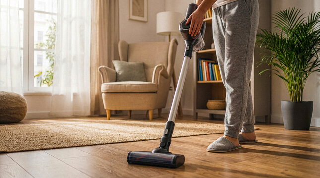 Person's lower body using a modern cordless stick vacuum cleaner on a shiny wooden floor in a bright living room.