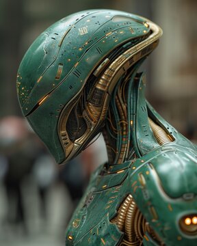 Biomechanical alien humanoid with intricate cables and metallic skin. AI-generated.