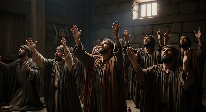 Ancient apostles performing solemn prayer ritual with elevated hands during biblical era, demonstrating profound devotion and spiritual worship within the early Christian community setting.