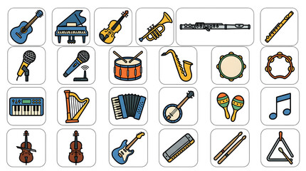 Fototapeta premium Set of diverse musical instrument icons in flat design style, featuring guitars, piano, drums, brass, strings, and percussion.