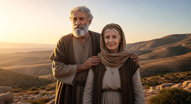 Ancient elderly patriarch Abraham and matriarch Sarah wearing traditional biblical attire in a vast dusty desert landscape representing sacred faith history and ancestral heritage.