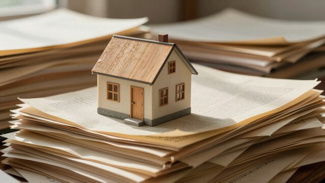 Model House on Stack of Real Estate Documents and Contracts