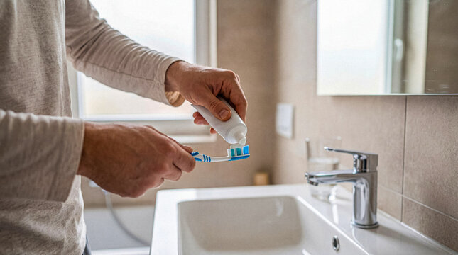 Close-up of a man's hands squeezing toothpaste onto a blue and white toothbrush over a modern bathroom sink.