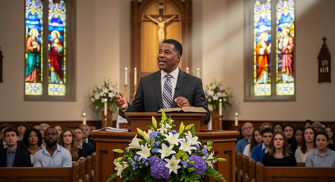 Eloquent African American pastor preaching powerful sermon from pulpit during holy Easter Sunday service in traditional church sanctuary holding open Bible while inspiring religious congregation.