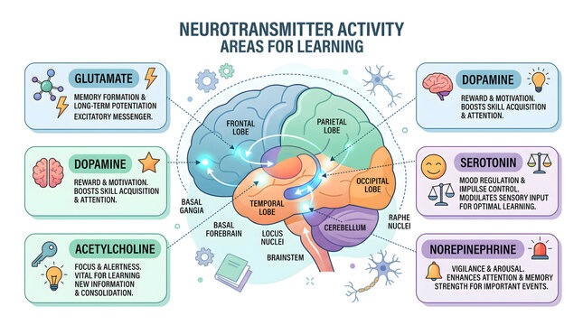 Human Brain Neurotransmitter Activity for Learning Infographic: Roles of Dopamine, Serotonin, Acetylcholine, Glutamate, Norepinephrine