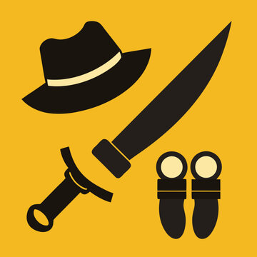Black hat machete binoculars and yellow background