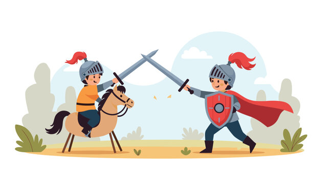 Two young boys playing as brave knights with silver swords and red capes in fantasy outdoor setting for creative childhood play.