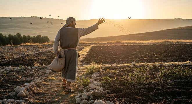 A rustic male figure in historical linen clothing casting seeds across a fertile agricultural field at sunset, depicting a biblical scene from the Gospel parable of the sower.