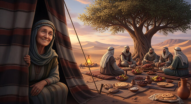 Joyful senior woman peeking through a canvas tent flap watching group of men feast at table under large oak tree in ancient biblical landscape historical setting nomadic desert life scene