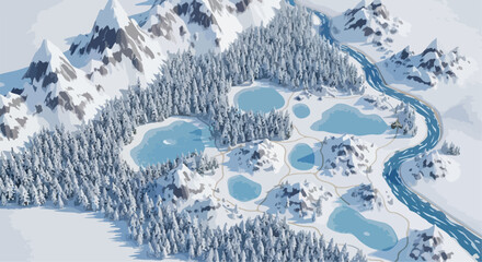 Isometric winter landscape with snowy mountains and pine forest, low poly 3D frozen lakes and river, arctic wilderness vector map for gaming © sweet.love.com