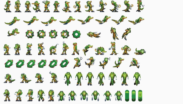 Retro pixel art crocodile sprite sheet, 2D game character animation set, green alligator warrior sprites for platformer games, vintage 8-bit style assets