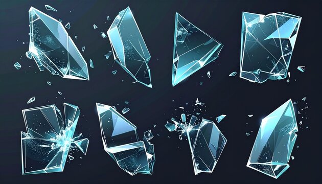 Realistic Shattered Glass Pieces Collection on Dark Background.