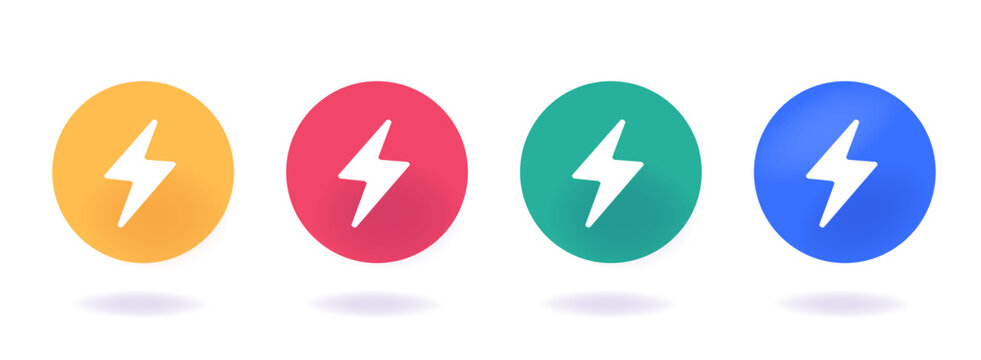 Lightning bolt energy power circle icon set as fast speed flash service logo modern graphic interface element, electricity battery charge danger button, voltage sign symbol red green blue yellow clip 