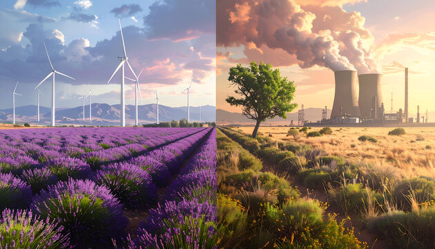 A striking split image contrasts a vibrant lavender field and wind turbines with a polluted industrial landscape, highlighting the dichotomy between renewable energy and environmental impact.