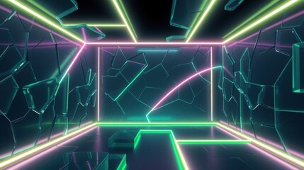 Obraz premium Neon lights illuminate fractured room. Geometric shapes create futuristic, dark space. Vivid colors contrast with shadows.