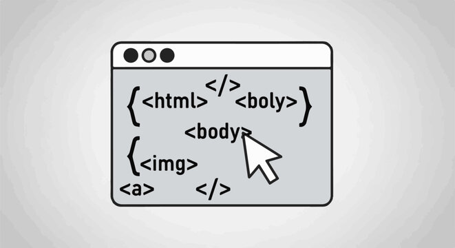 Illustration of computer code with HTML tags and a cursor