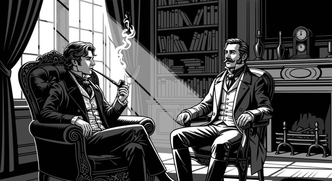 Sherlock Holmes and Dr. Watson in 221B Baker Street. Monochrome vector illustration. Transparent SVG version.