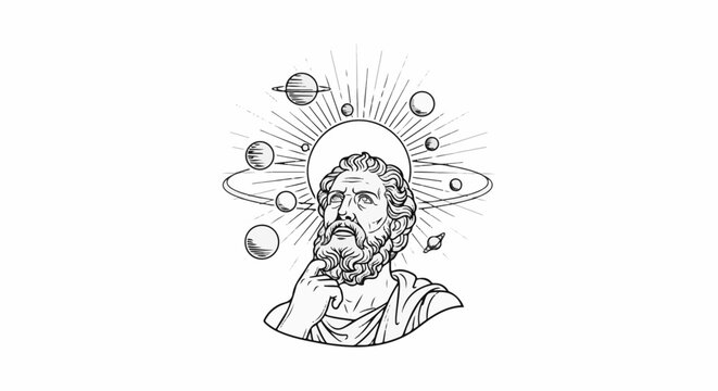 Ancient bust of a thinker surrounded by celestial bodies and cosmic rays