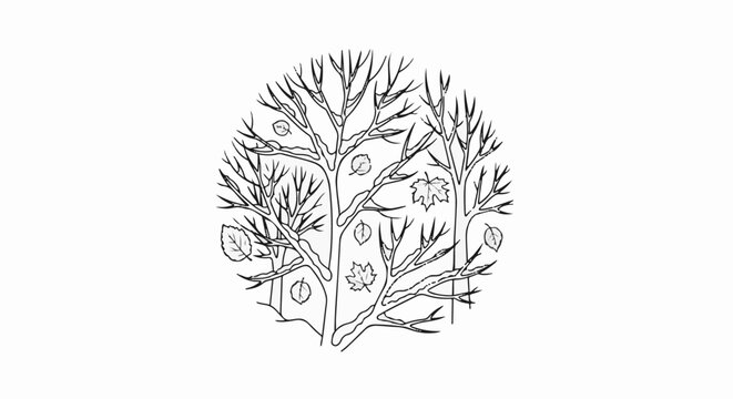 Bare branches and falling leaves depicted in a circular, ink-sketch style