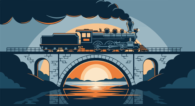 Vintage steam train crosses a stone bridge over reflective water at sunset