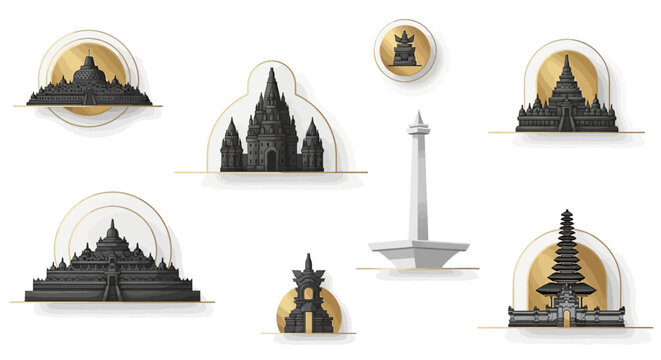 Illustrated landmarks of Indonesia are depicted in a flat lay against a white background, showcasing the Borobudur temple, Prambanan temple, and the National Monument, all rendered