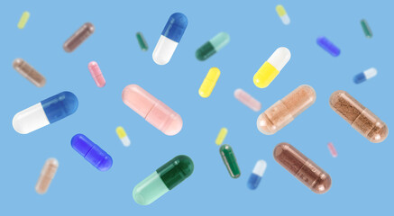 A large pile of white pills cascading down. Creating a striking visual representation of health essentials . Falling Antibiotics Healthcare Background © Baurzhan I