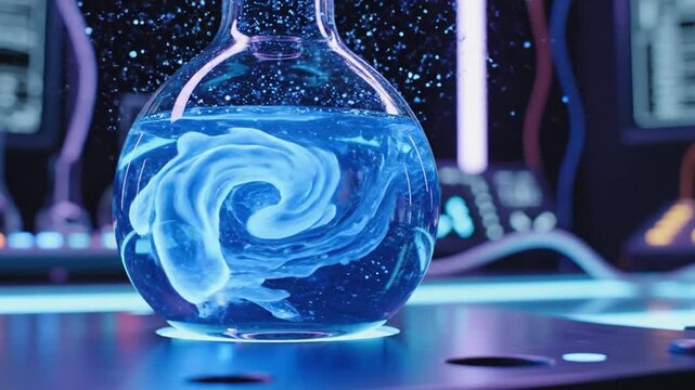 A video showcasing a futuristic laboratory setup with a glowing blue liquid in a glass beaker on a sleek metal table