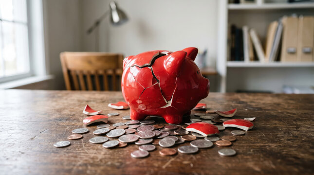 Retirement savings mistake concept. Red cracked piggy bank surrounded by scattered coins on a wooden table in a home setting.