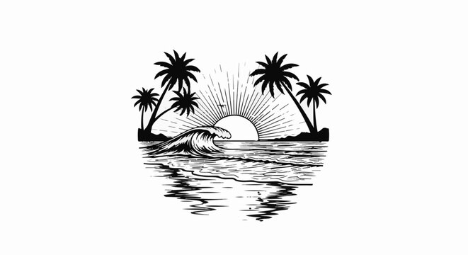 Tropical beach scene with palm trees, ocean waves, and a radiant sun