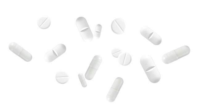 Falling white pills. drugs medicine capsules and vitamins, healthcare pharmacy tablets. different isolated painkillers medicines on white background