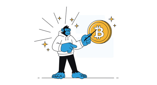 Enthusiastic monkey character in a white hoodie pointing at a golden bitcoin coin with a stick for financial education.