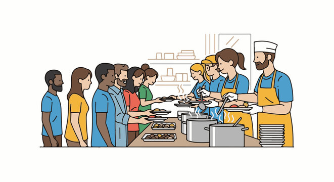 People queuing for food served by volunteers at a buffet