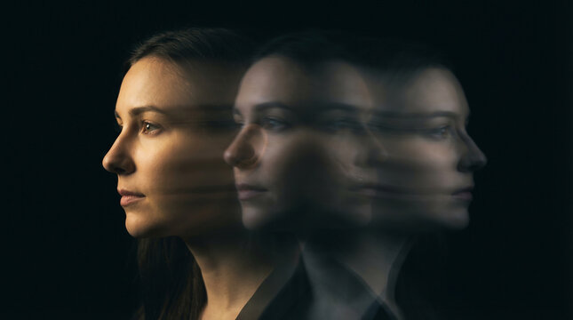 Woman portrait with multiple exposure motion blur representing identity and psychological