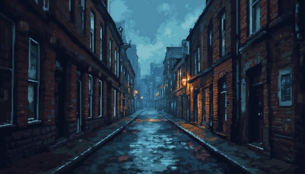 Pixel art of a rainy London street at night with warm street lights