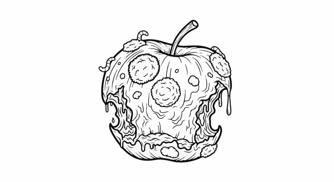 Rotten apple illustration with worms and dripping decay