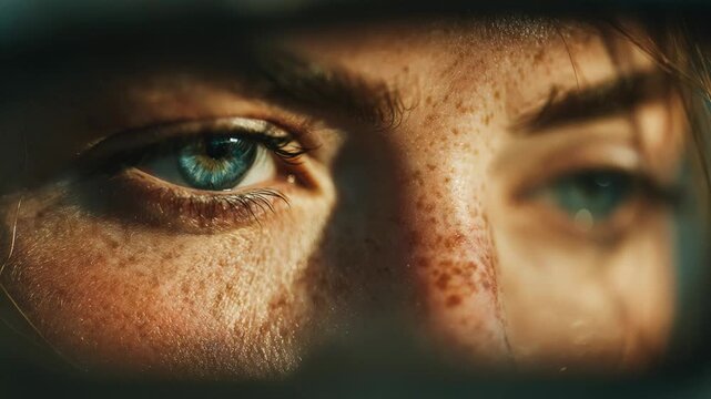 Extreme close-up of a woman's beautiful blue eyes with freckles blinking slowly in the sunlight