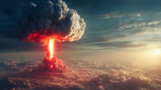 Massive atomic nuclear bomb explosion rising above the clouds creating a mushroom cloud