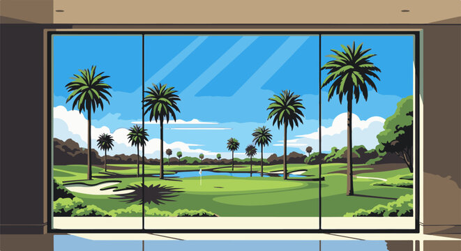 Pixelated view of a sunny golf course with palm trees