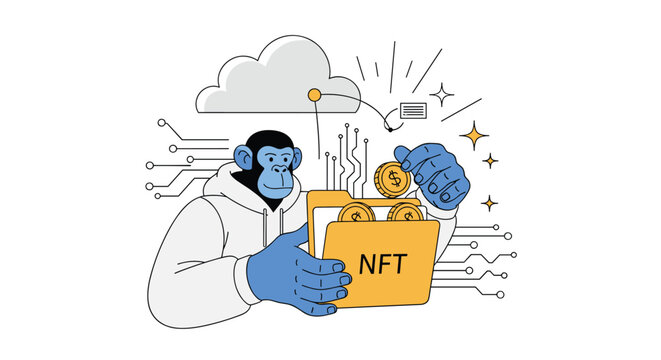 Stylized monkey character wearing a hoodie holds a yellow NFT folder with gold coins against a digital circuit and cloud background.